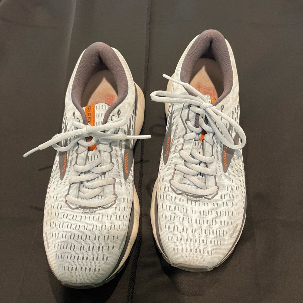 Brooks White and Gray Athletic Shoes with Orange Accents